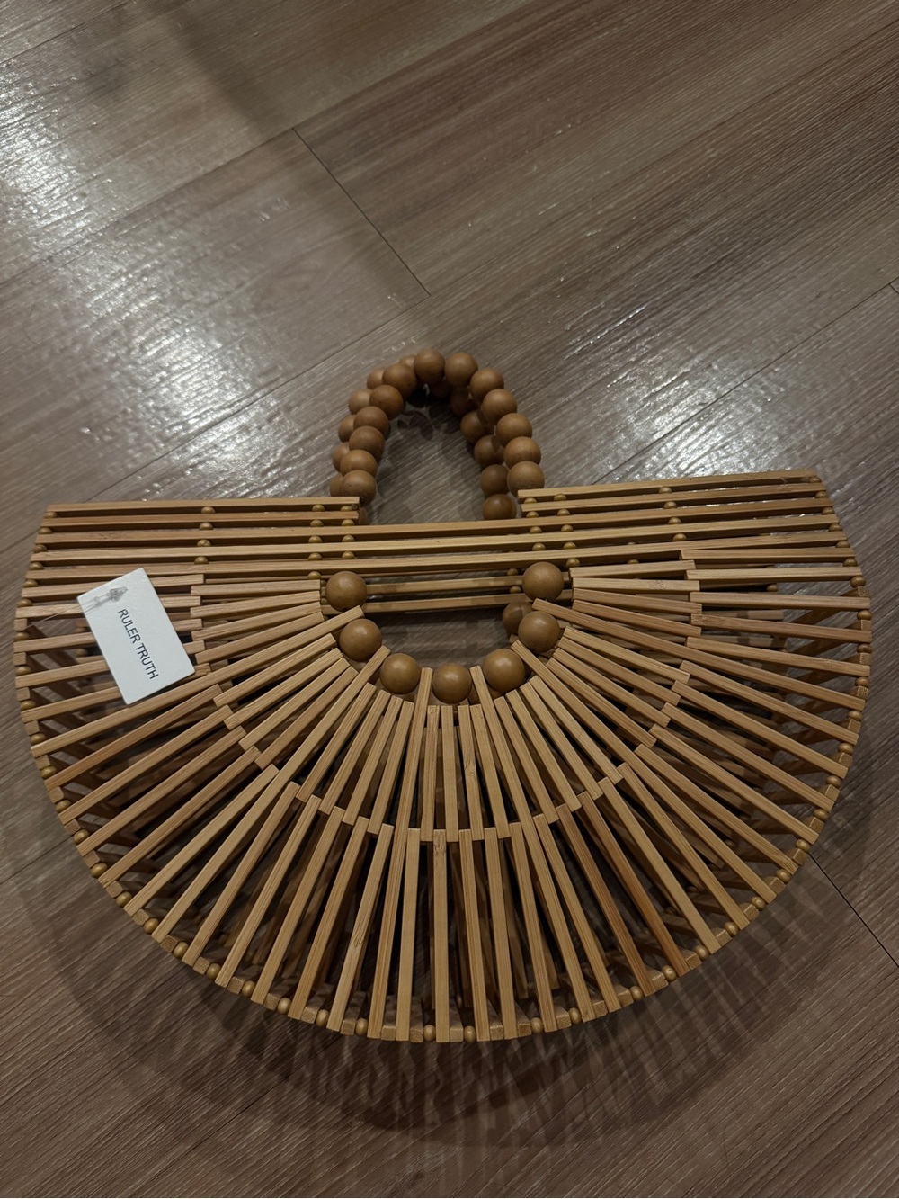 Arc-Shaped Bamboo Handbag with Bead Handle - Natural